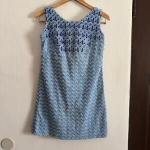 60s Vintage Mini Baby Blue Sleeveless Textured Shift Beaded Mini Dress Small
